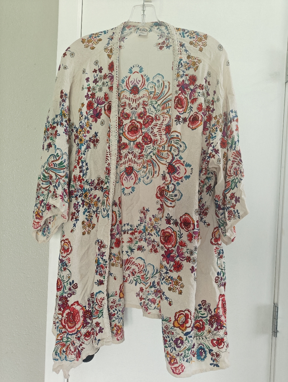 Bila Cream Floral Open Front Kimono with Multicolor Blooms